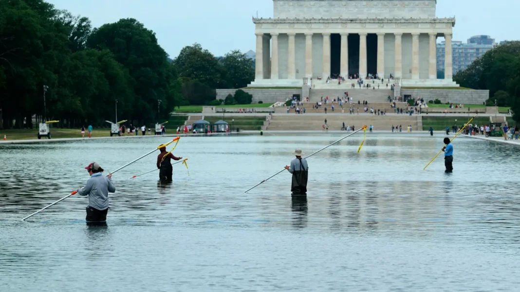 Trump painted the Reflecting Pool blue. It peeled. It turned green. He called it sabotage Trump painted the Reflecting Pool blue. It peeled. It turned green. He called it sabotage